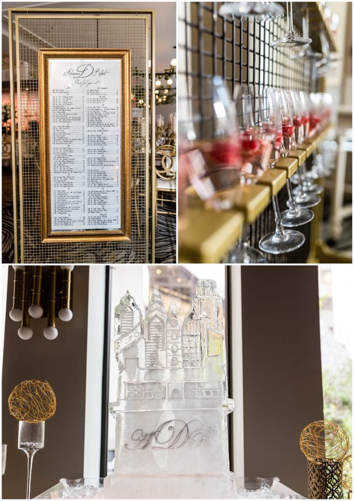 Wedding reception details with table assignments, champagne, and Philadelphia ice sculpture