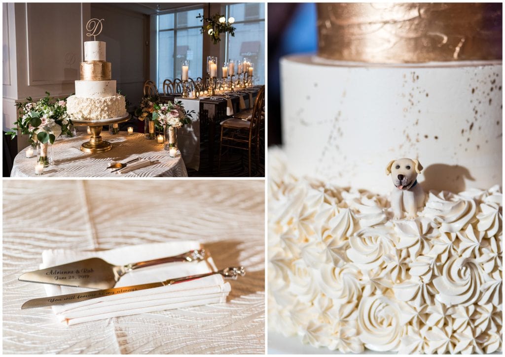 Unique wedding cake and cake cutter details with gold and small candy dog