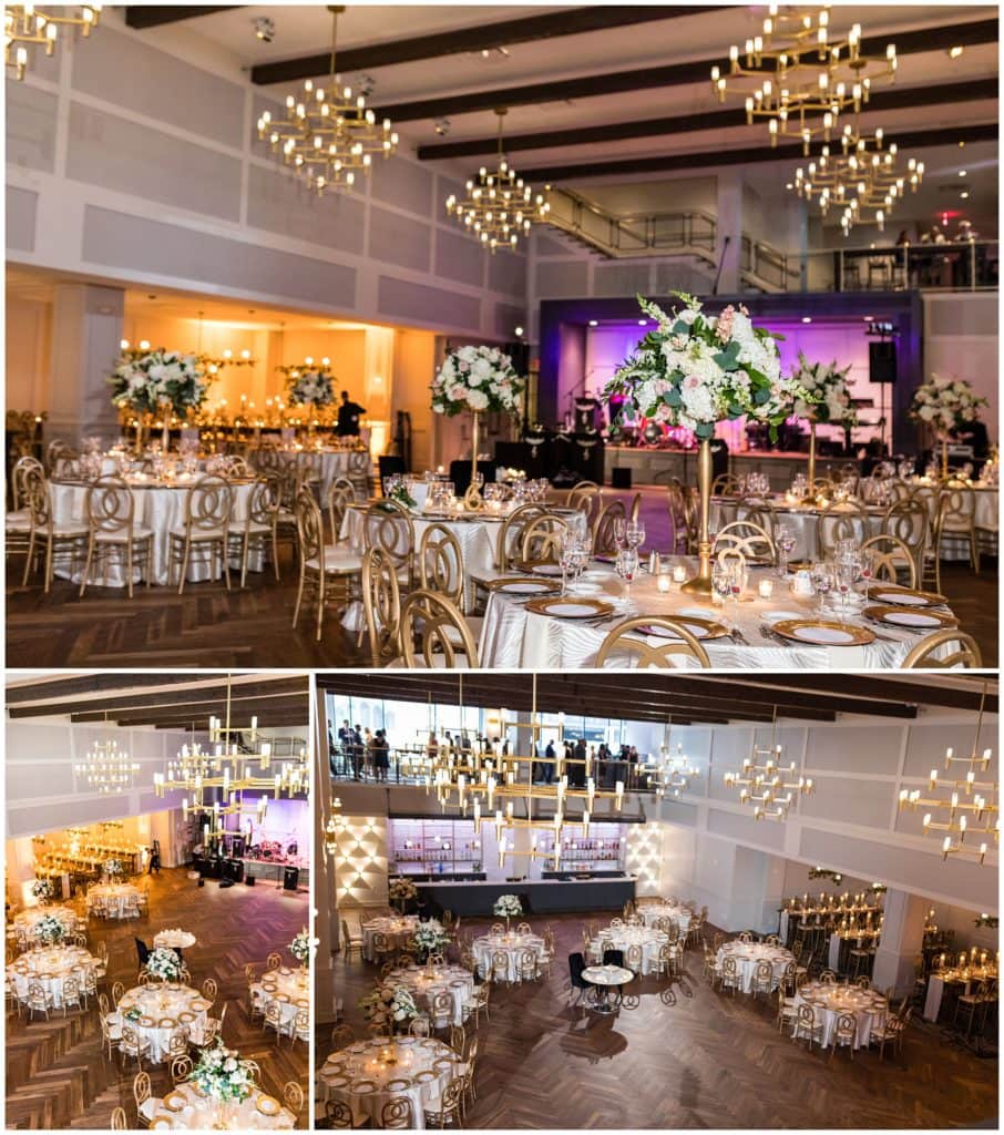 Wedding reception venue and table setup with gold and floral centerpieces at The Lucy by Cescaphe