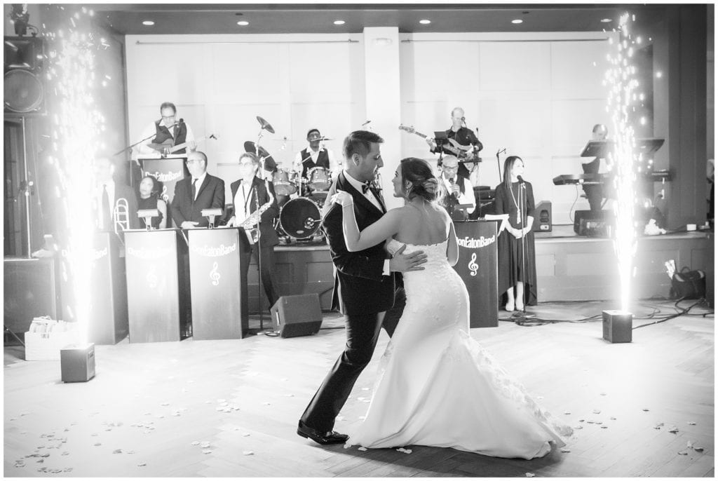 black and white first dance between bride and groom with fireworks at The Lucy by Cescaphe