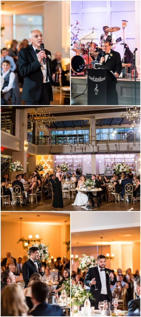 Speeches during wedding reception by maid of honor, groomsmen, and fathers