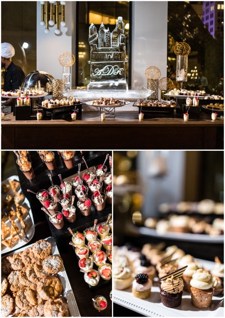 Dessert station and Philadelphia ice sculpture at wedding reception at The Lucy by Cescaphe