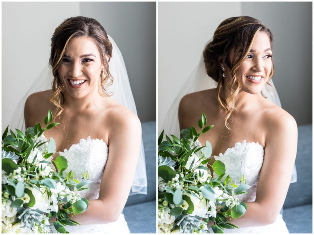 Traditional window lit bridal portraits at the Cambria Hotel before the Lucy by Cescaphe wedding ceremony