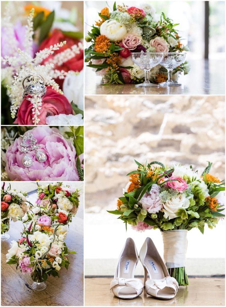 Details of Garnish by Catering by Design's floral arrangements, wedding rings, vintage champagne coupes, and bride's shoes