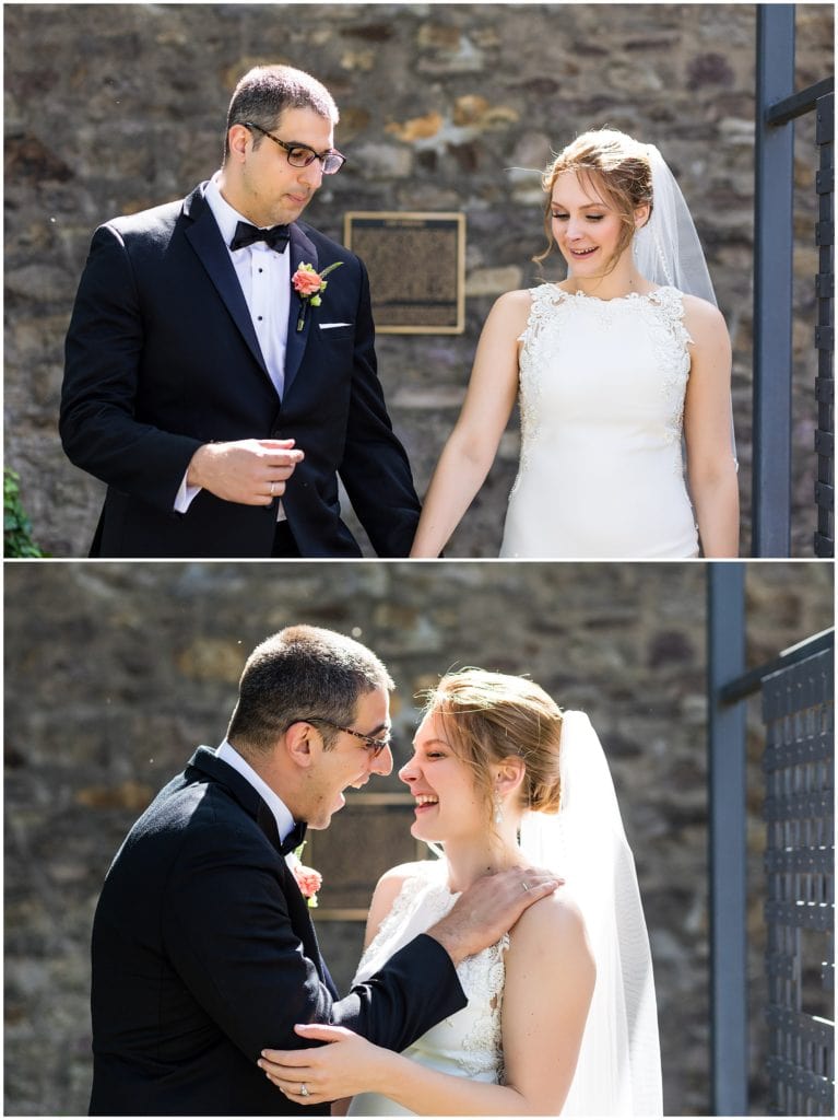 Bride and groom laughing together during outdoor couple's portraits