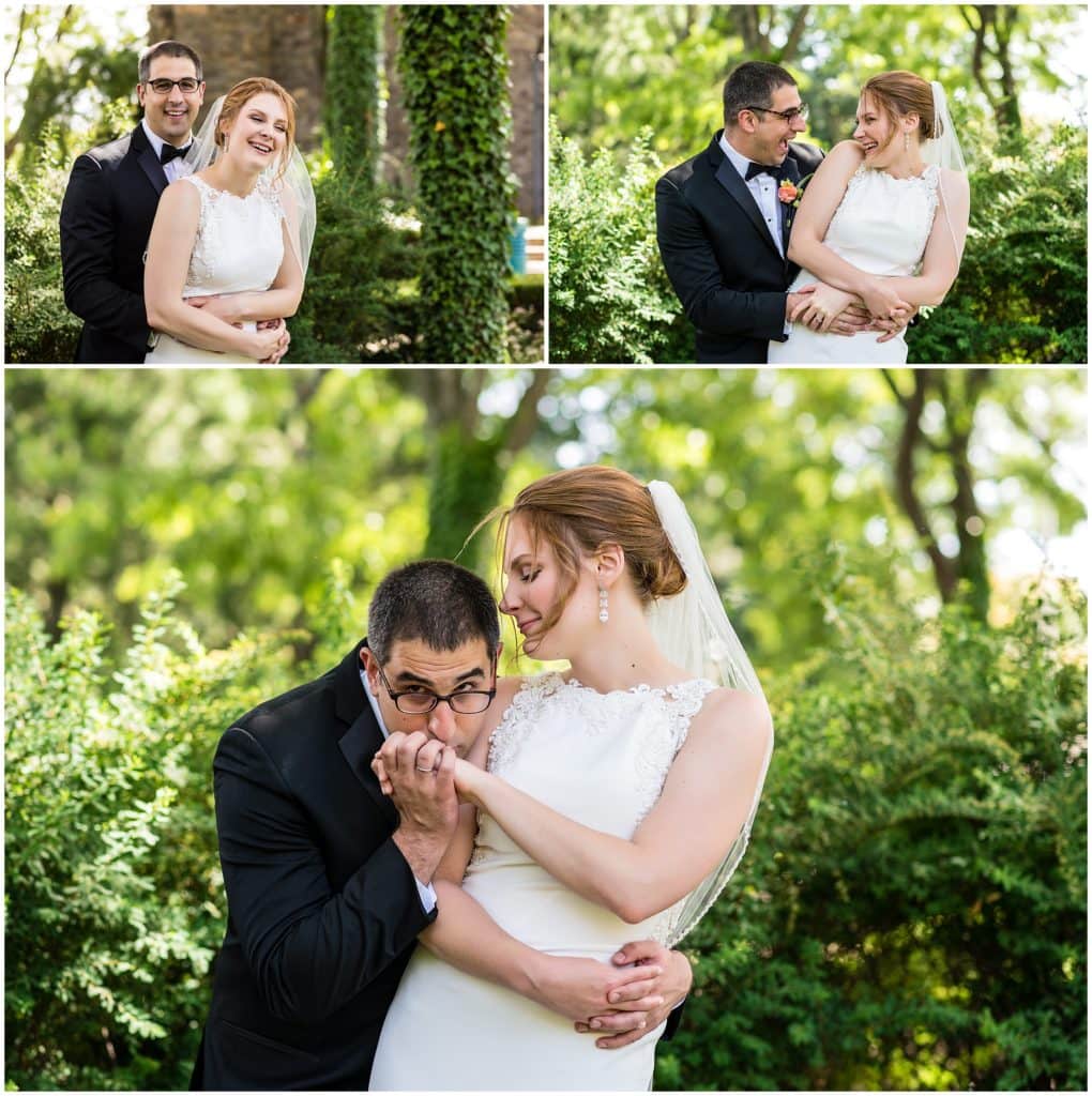 Bride and groom laughing together during outdoor portraits at the Michener Museum