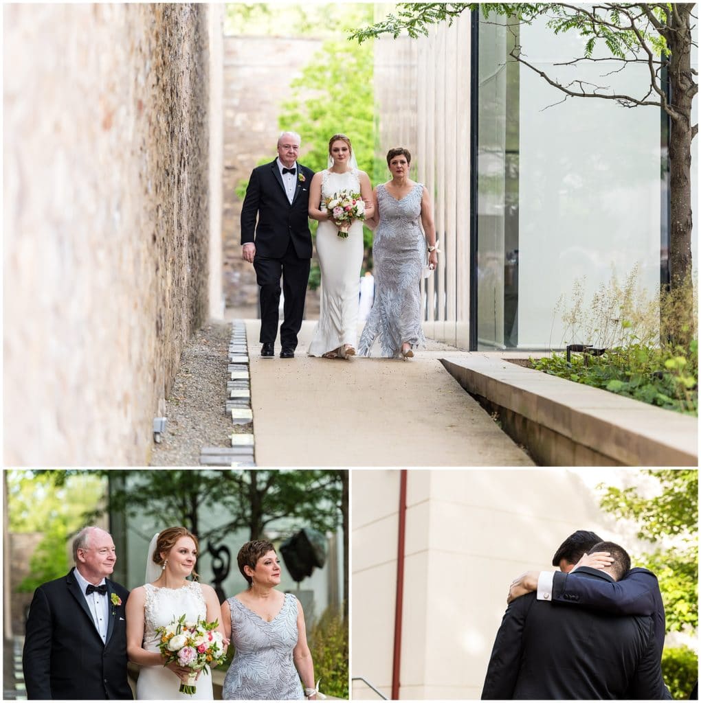 Bride walking into her wedding with her parents, groom being hugged by his best man as his bride walks to him