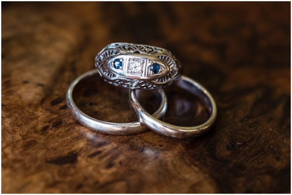 Details of vintage engagement ring with sapphires, wedding bands bought in Serbia