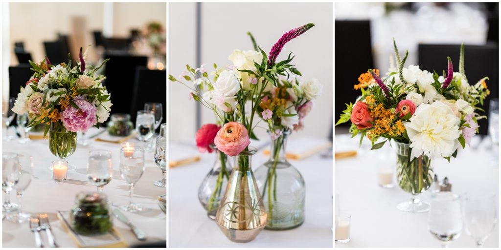 Wedding reception details at Michener Museum, florals by Garnish by Catering by Design