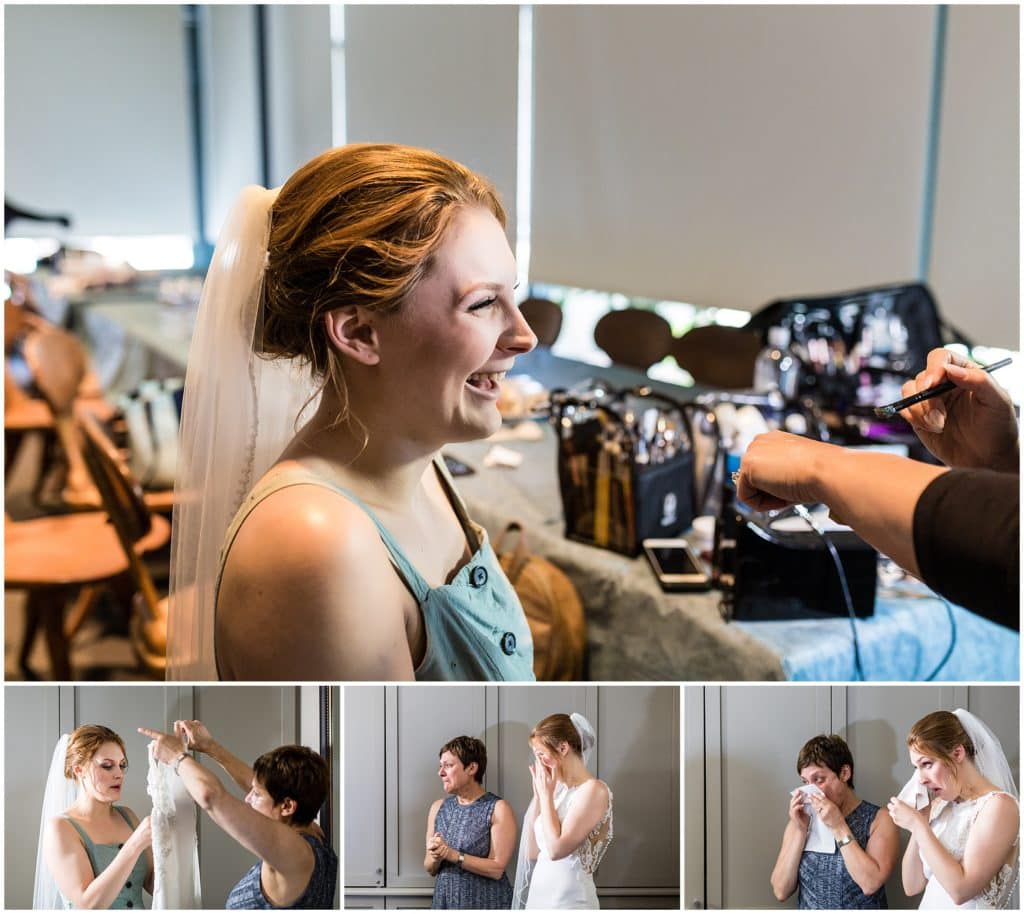 Collage of bride getting her makeup on, and getting her dress on. Mother of the bride getting emotional