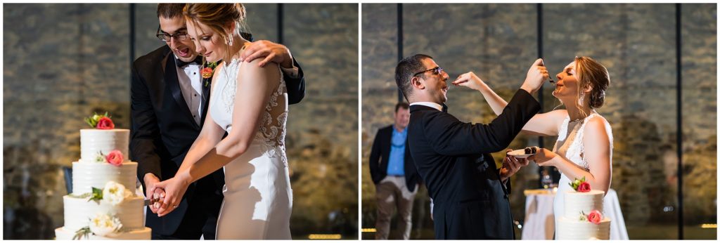 bride and groom cutting the cake and feeding each other