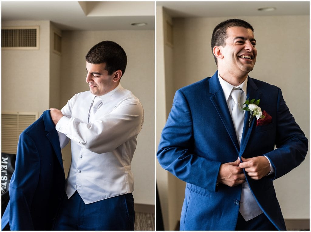 groom portraits putting on jacket before ceremony