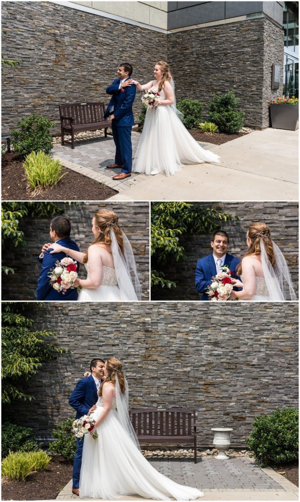 romantic bride and groom first look at Sheraton Valley Forge
