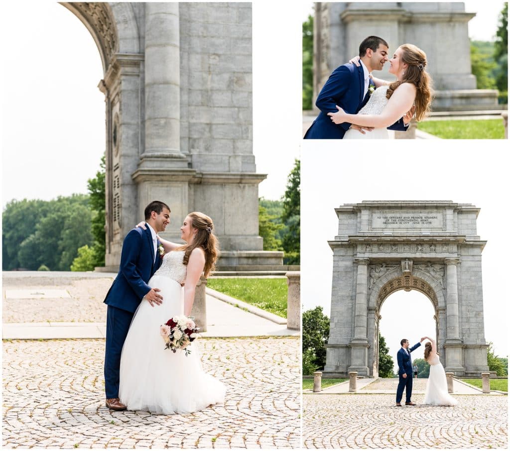 traditional and romantic bride and groom portraits dancing under archway at Valley Forge Park