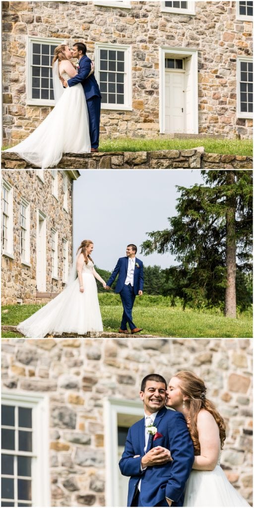 whimsical and romantic bride and groom portraits kissing and laughing walking through Valley Forge Park