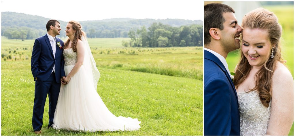 bride and groom portraits with Valley Forge Park greens in the background
