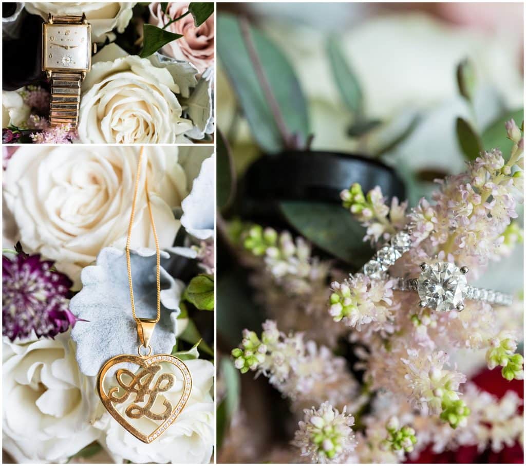 wedding accessories, gold jewelry in bridal bouquet