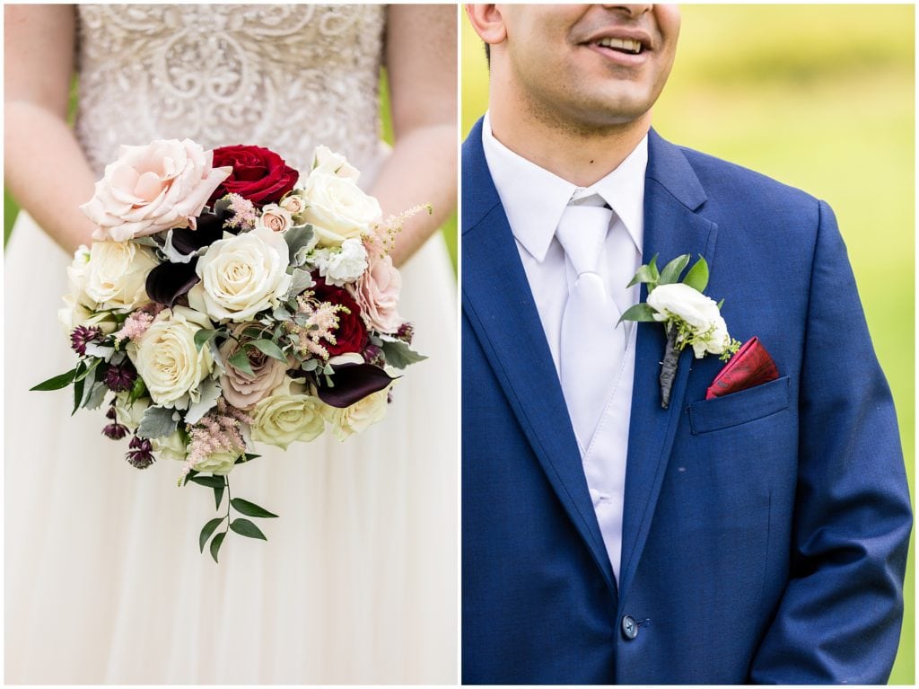 bridal bouquet with pink white and red roses and grooms boutonniere