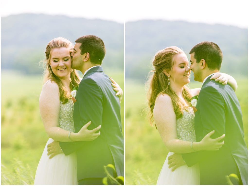 intimate bride and groom portraits in the park with lens flare