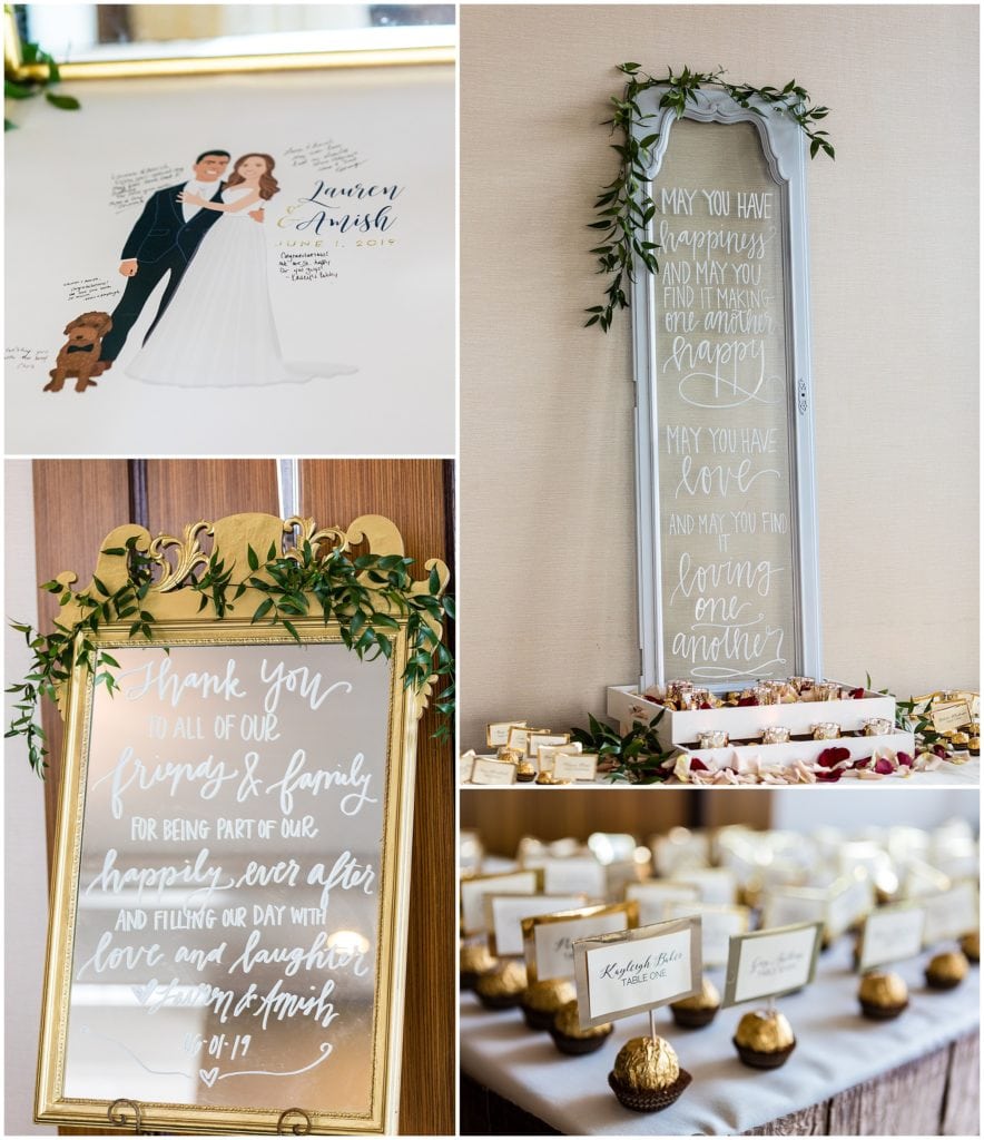 wedding reception details with table signs, name cards, and calligraphy