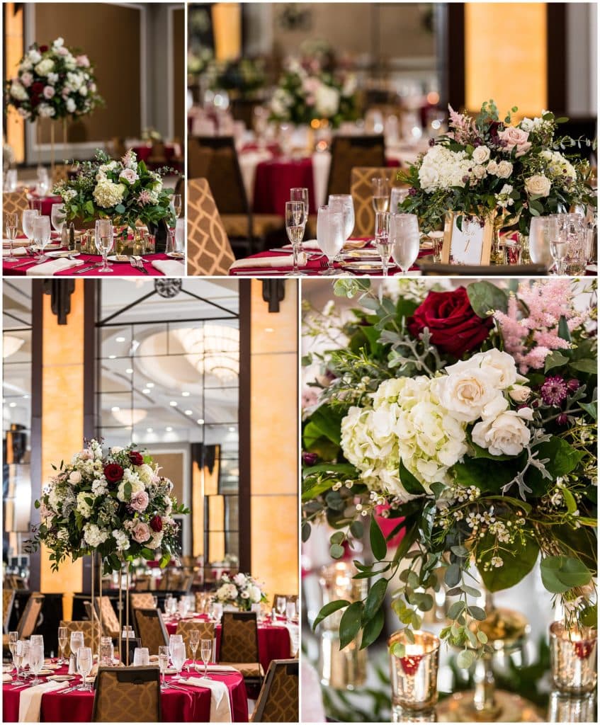 Sheraton Valley Forge wedding reception with red and white floral centerpieces