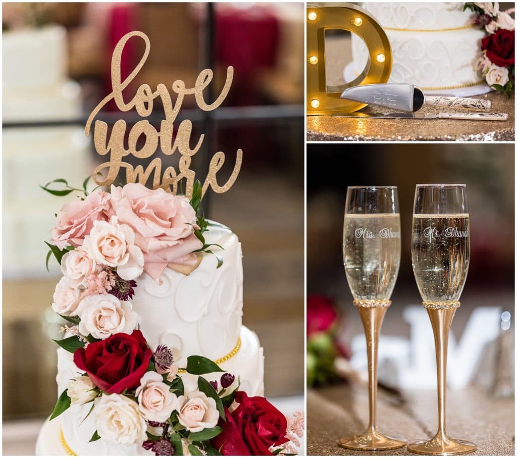 floral wedding cake with "love you more" cake topper, custom Mr & Mrs champagne glasses, and cake cutter