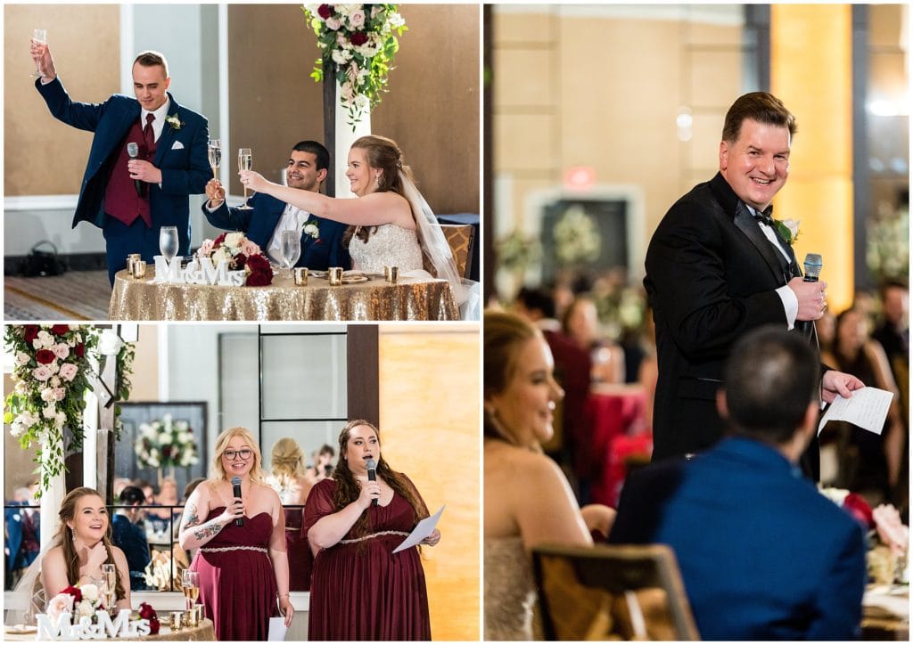 traditional wedding reception speeches by best man, maids of honor, and father of the bride