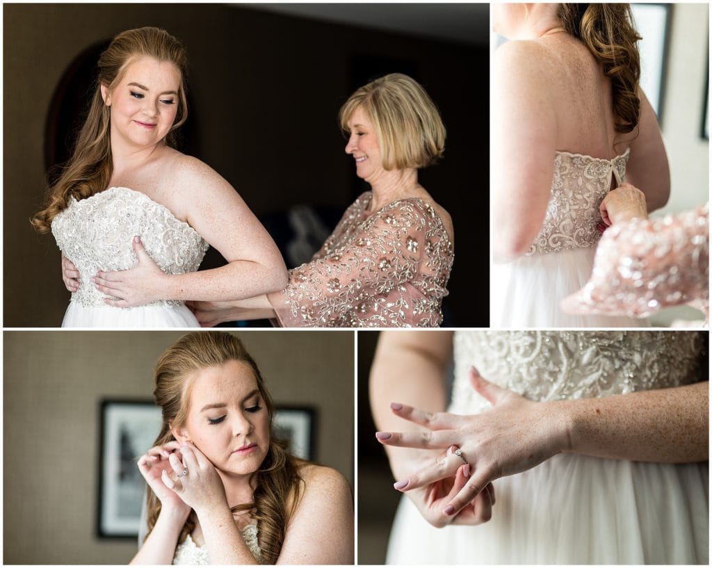 traditional bridal portraits with mother helping bride into dress, bride putting on her jewelry