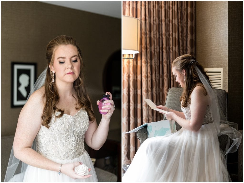 bride spraying perfume and reading letter from her groom before the ceremony