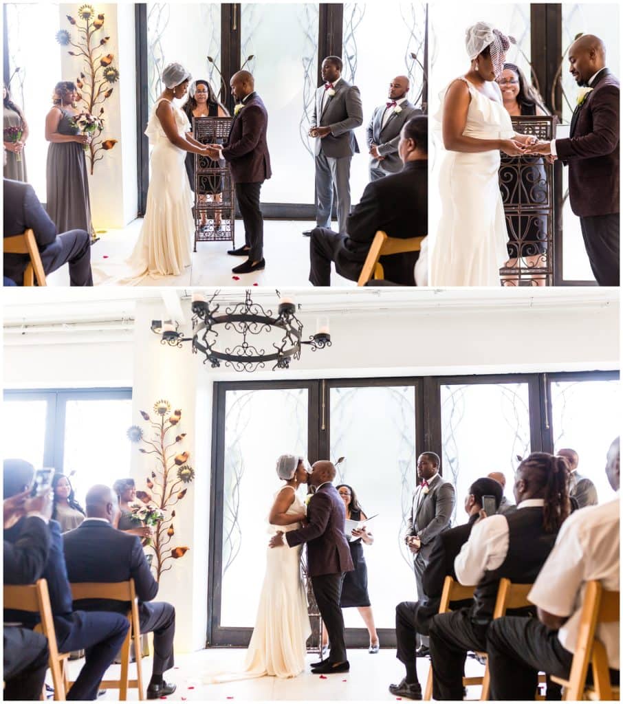 Wedding ceremony, bride and groom exchanging rings and kissing