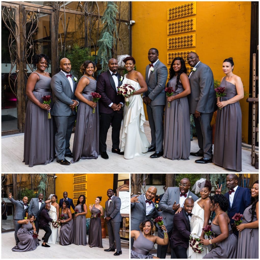 Wedding party portraits with bridesmaids and groomsmen in fun poses