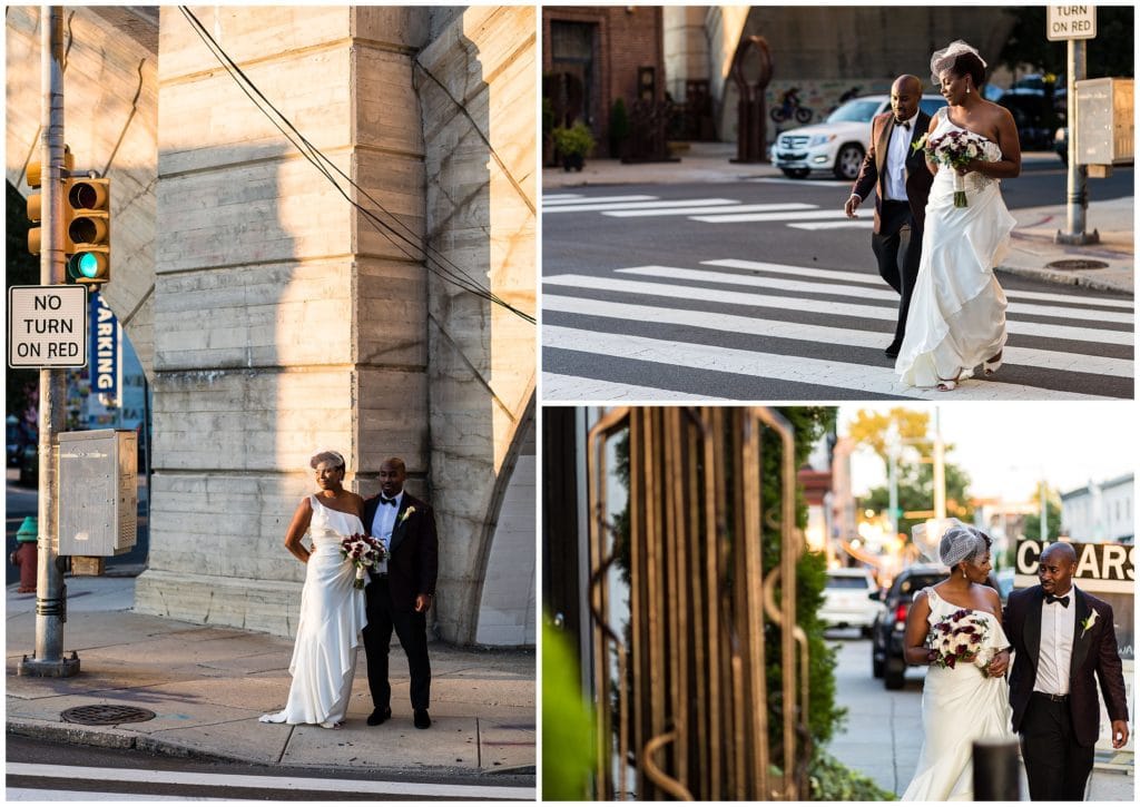 Bride and groom wedding portraits walking through Manyunk together at sunset