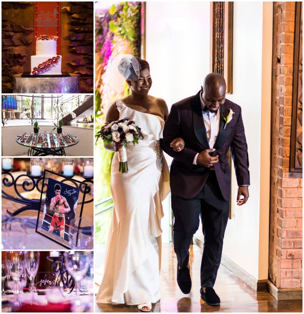 Bride and groom entrance with cake and table details