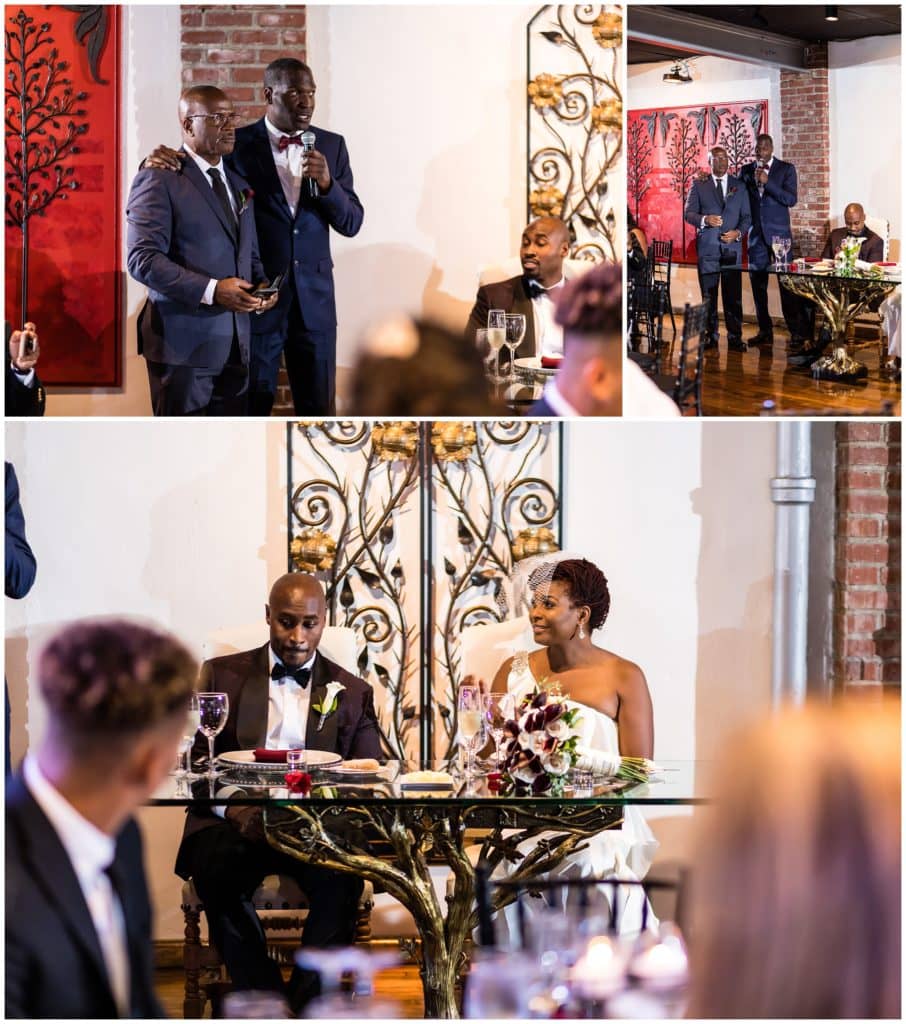 Groomsmen speeching and making toasts during wedding reception at Artesano Iron Works