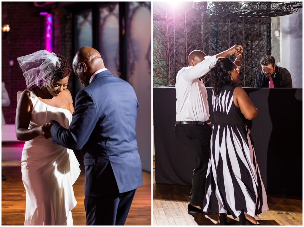 Bride and groom dancing with their guests on the dance floor