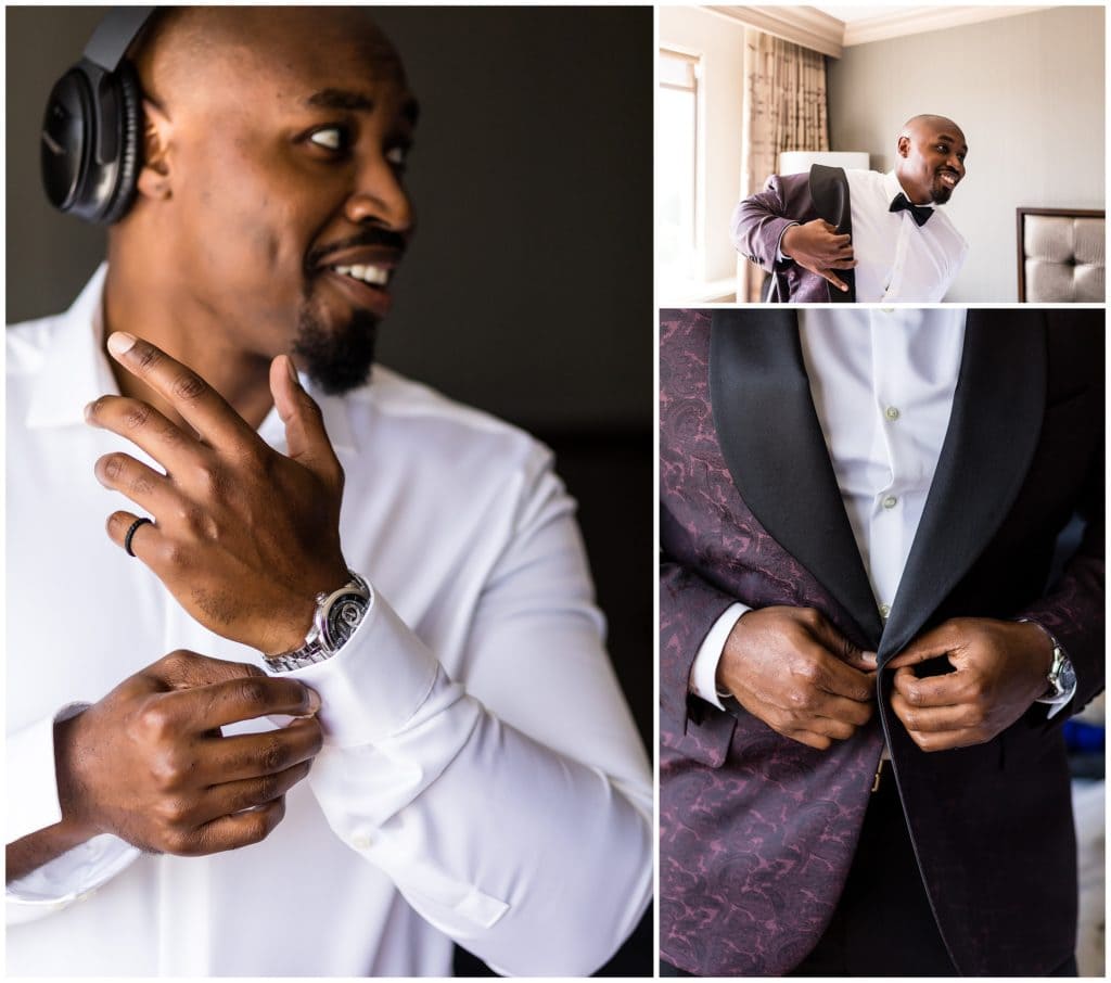 Groom getting ready for wedding day listening to headphones and putting on his unique jacket