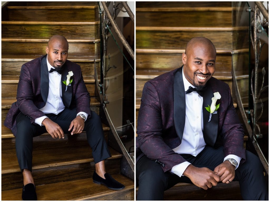 Traditional groom portrait with unique patterned tuxedo