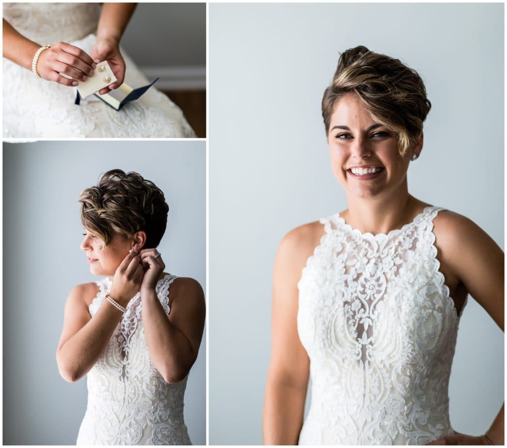 Traditional window lit bridal portrait and bride putting on her pearl earrings