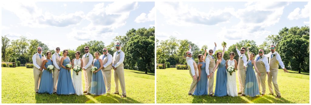 Outdoor bridal party portraits with blue bridesmaids dresses and tan suits
