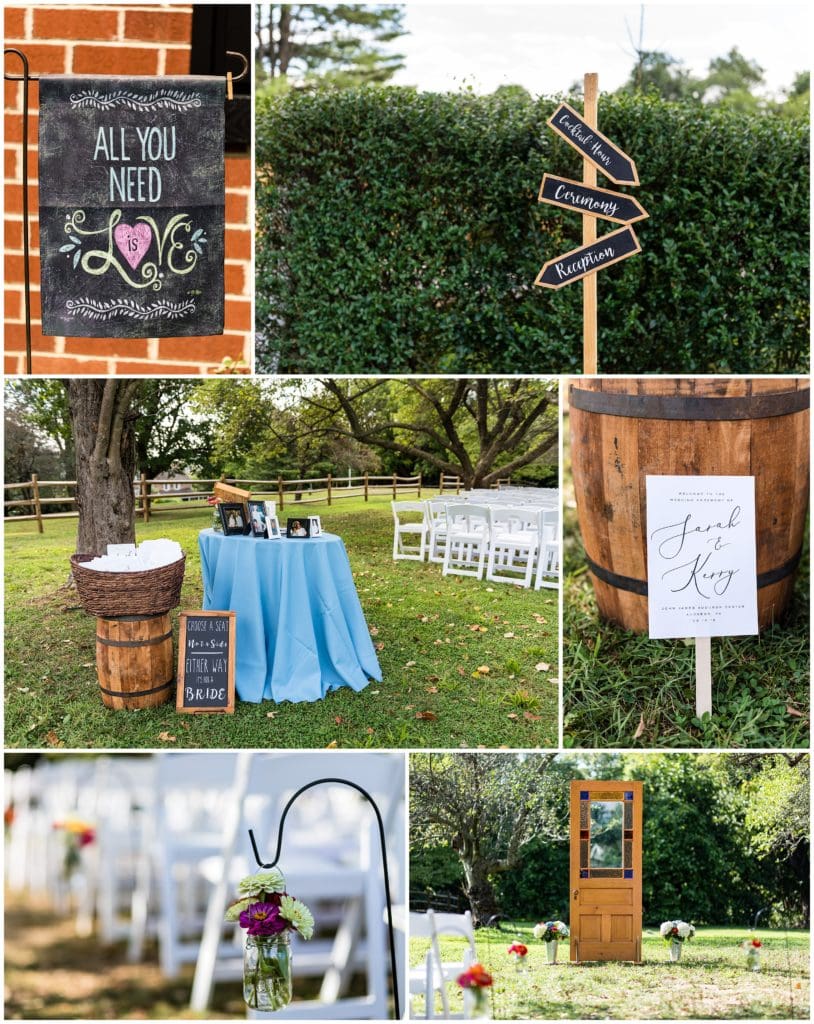 Outdoor wedding ceremony details with signs and unique door alter