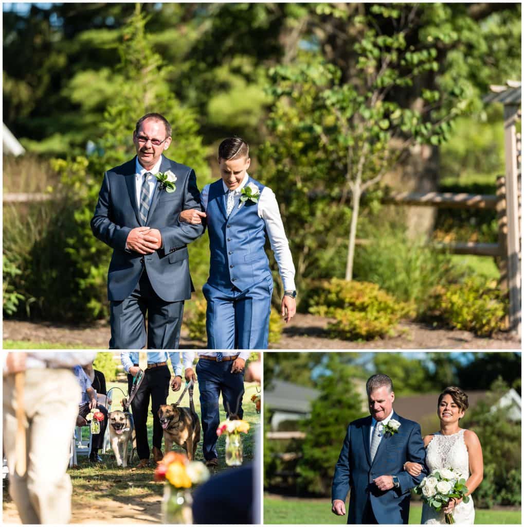 LGBT brides being walked down the aisle by their fathers with their dogs following