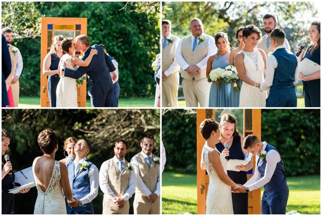 Outdoor wedding ceremony with LGBT couple reading vows