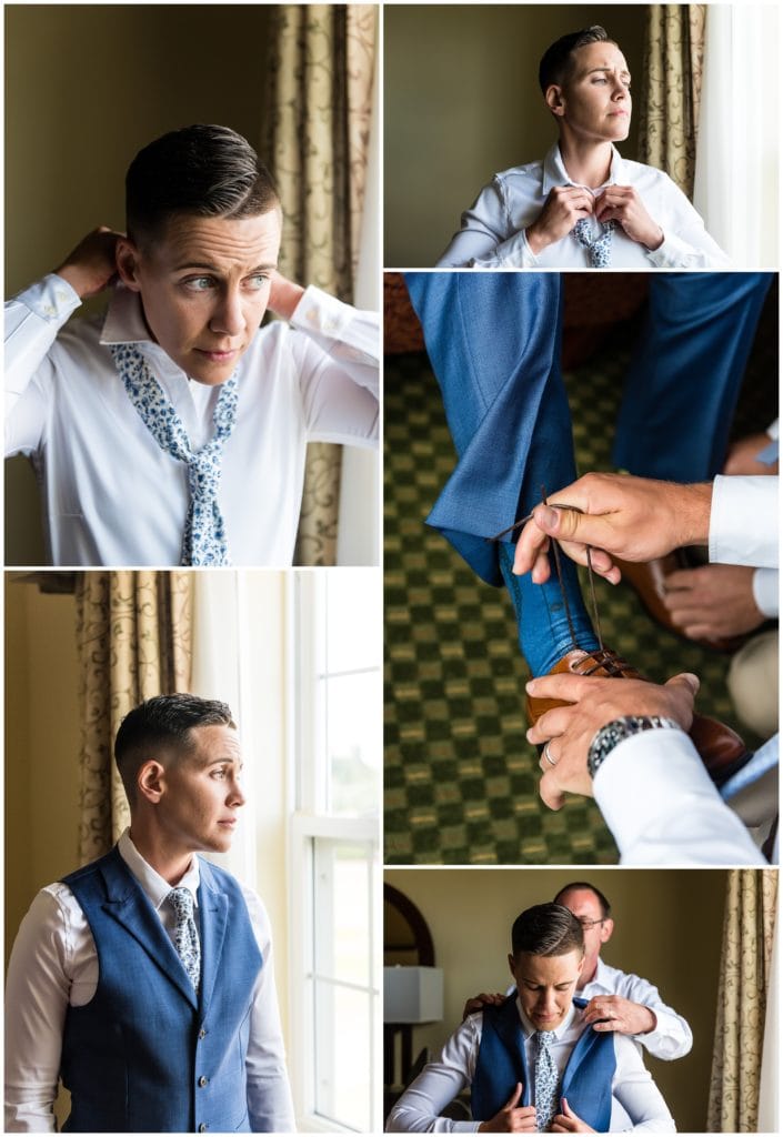 Bridal prep with navy bridal tuxedo and floral tie