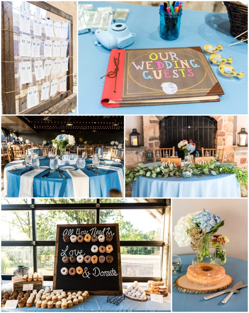 Wedding welcome book, table details, and donut dessert station with giant donut wedding cake
