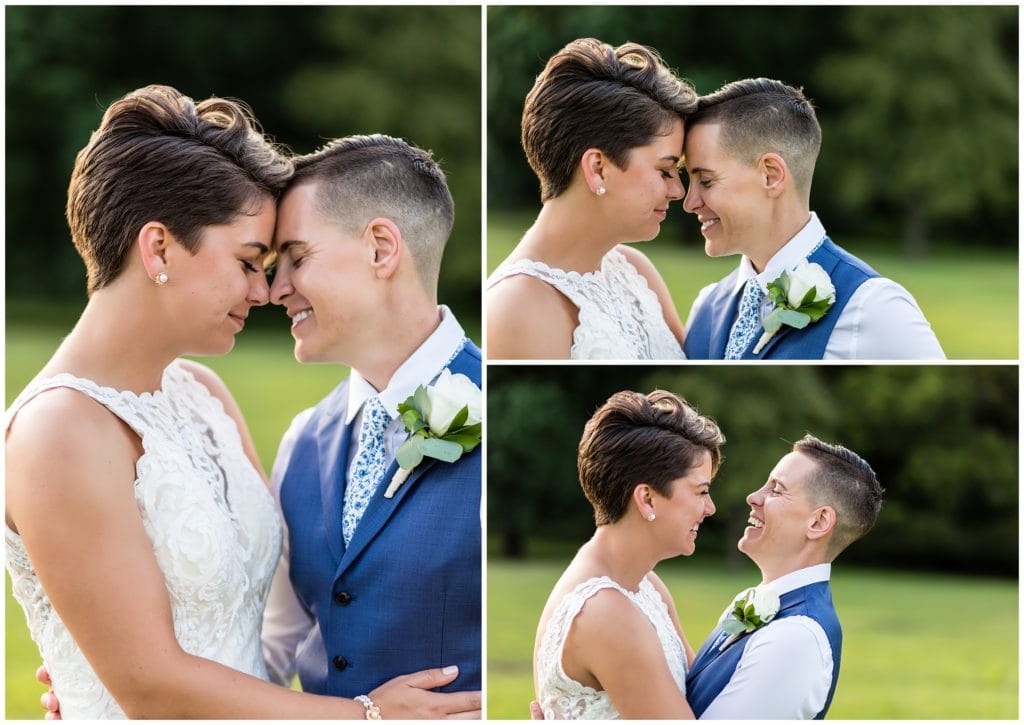 Traditional wedding portraits with LGBT couple laughing and snuggling