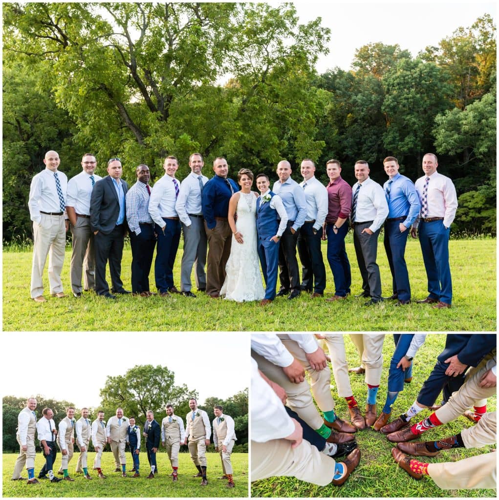 Wedding party portrait with brides men showing off cool socks