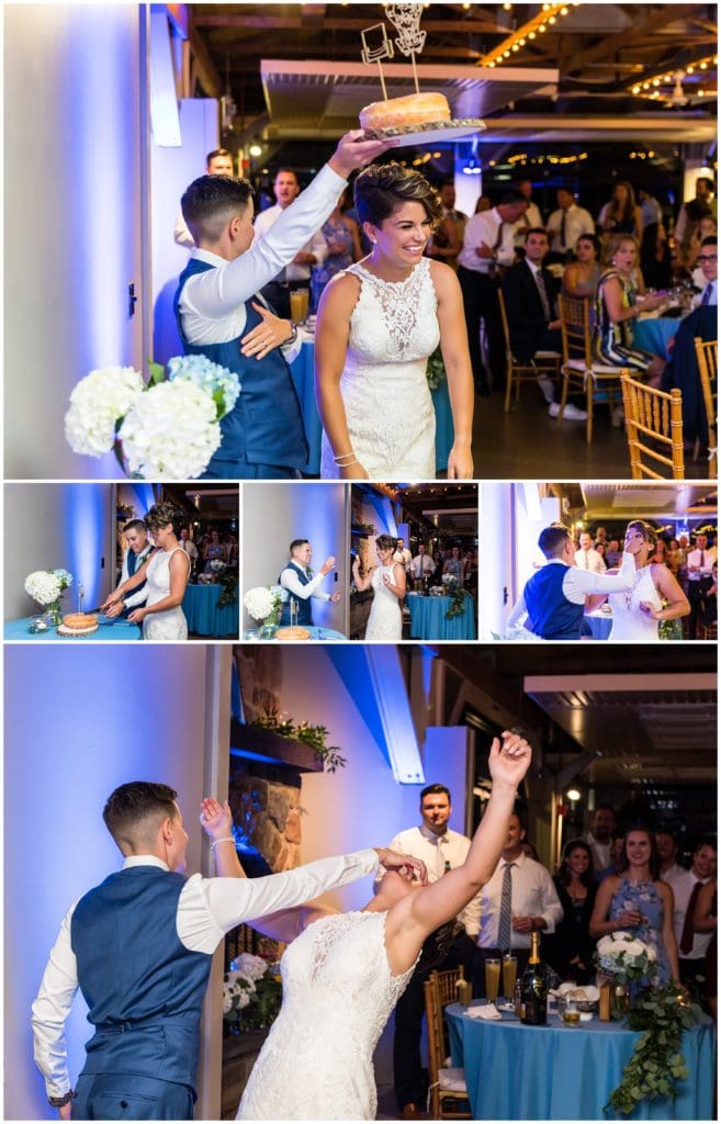 Non-traditional wedding cake, donut cutting, bride shoving cake in brides face