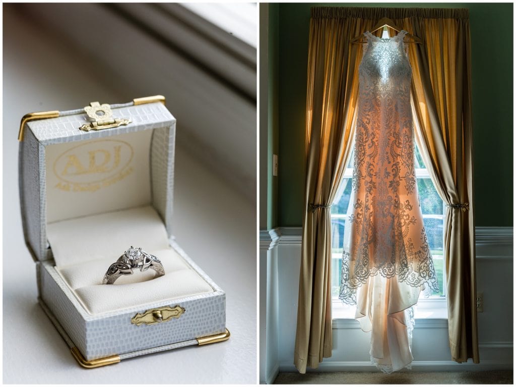Unique engagement ring and lace bridal gown wedding prep details