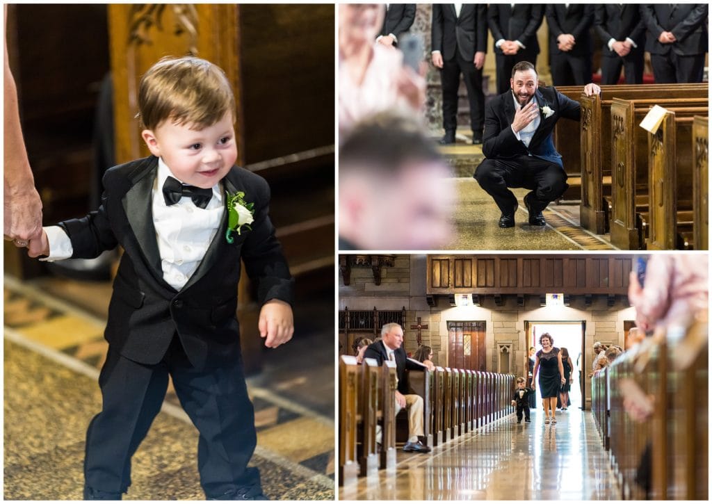 Ring bearer toddling down the aisle towards his dad