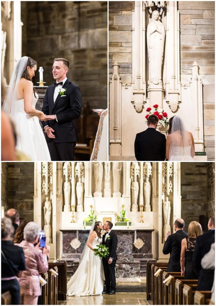 Traditional Catholic wedding ceremony with bride and groom praying and kissing